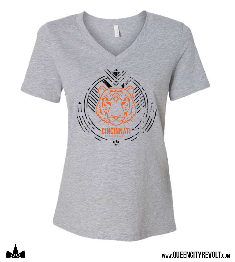 Cincinnati Football, Tiger Women's V-neck, Grey