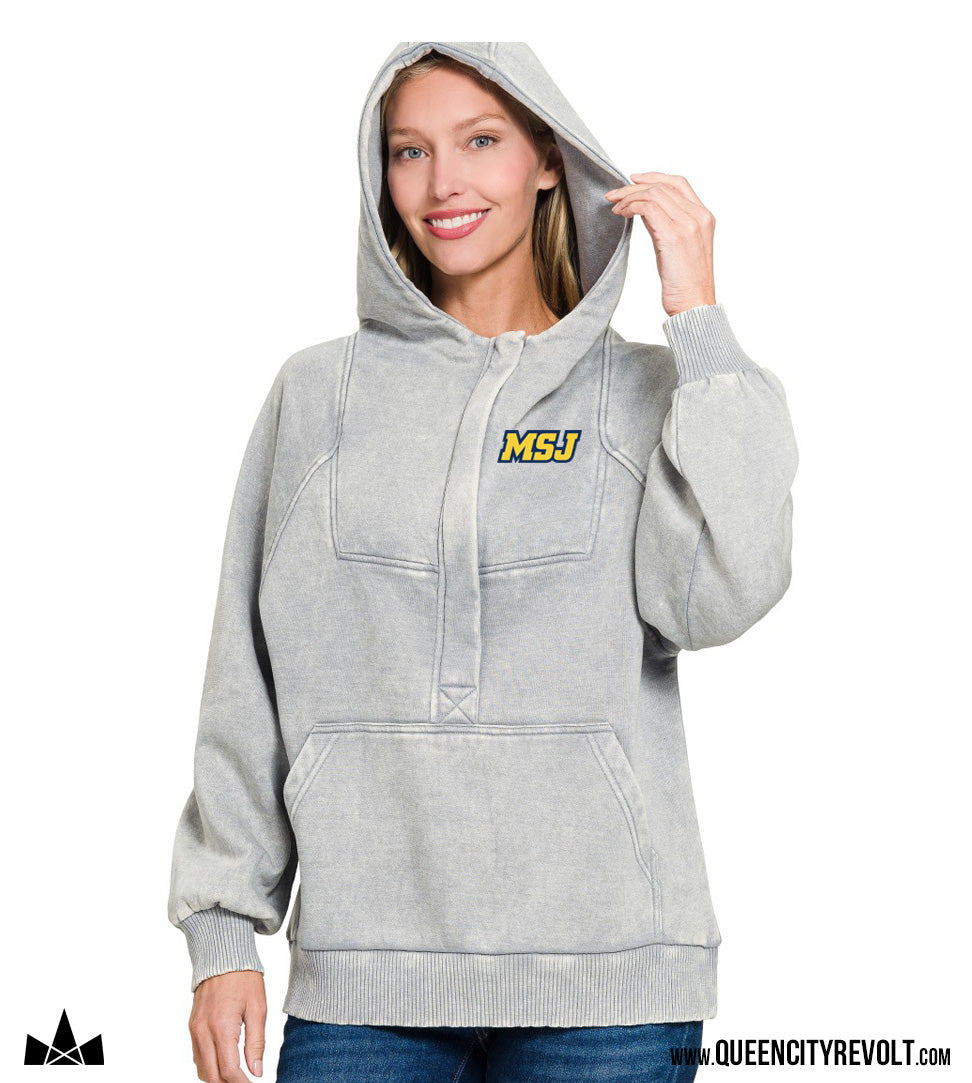 MSJ Women's Oversized Acid Washed 1/4 Zip Fleece Hoodie, Grey