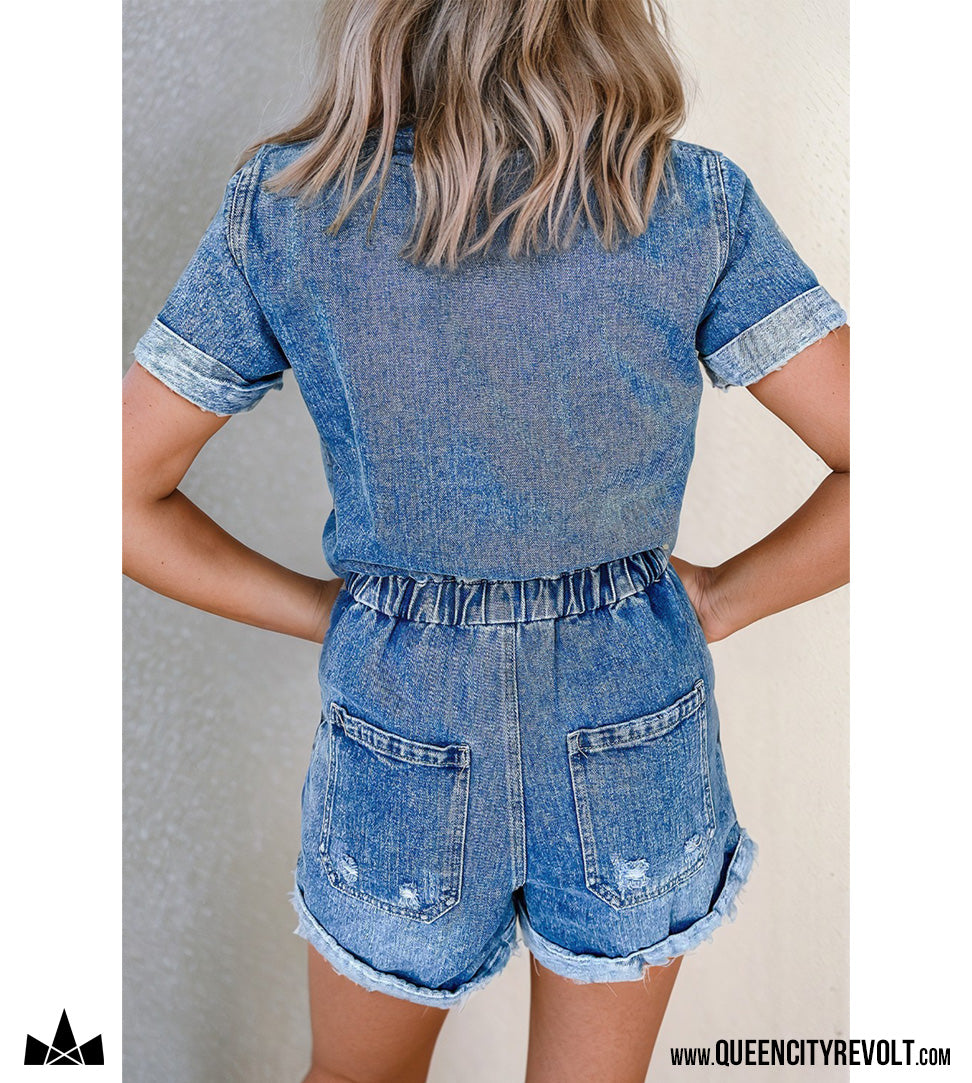 Women's Short Sleeve Denim Romper
