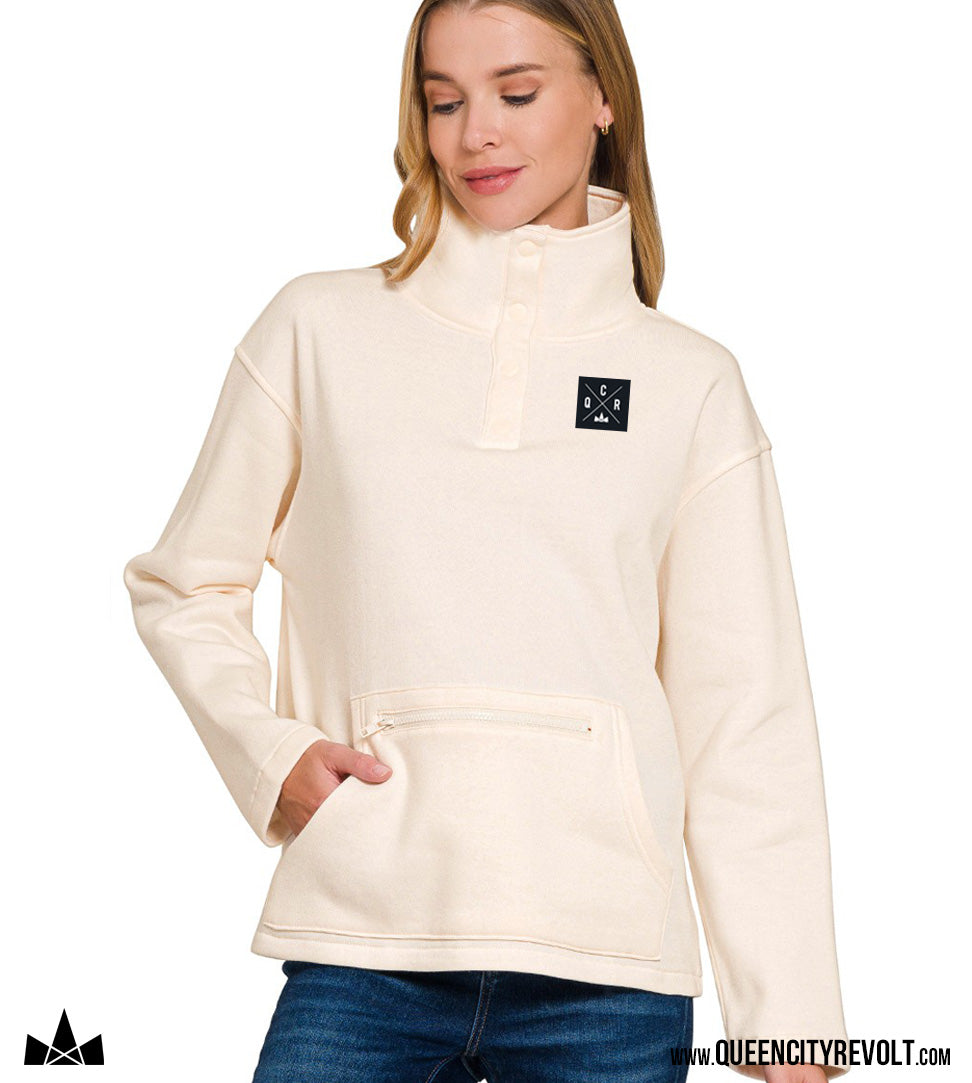 Women's Snap Front Sweatshirt, Ivory