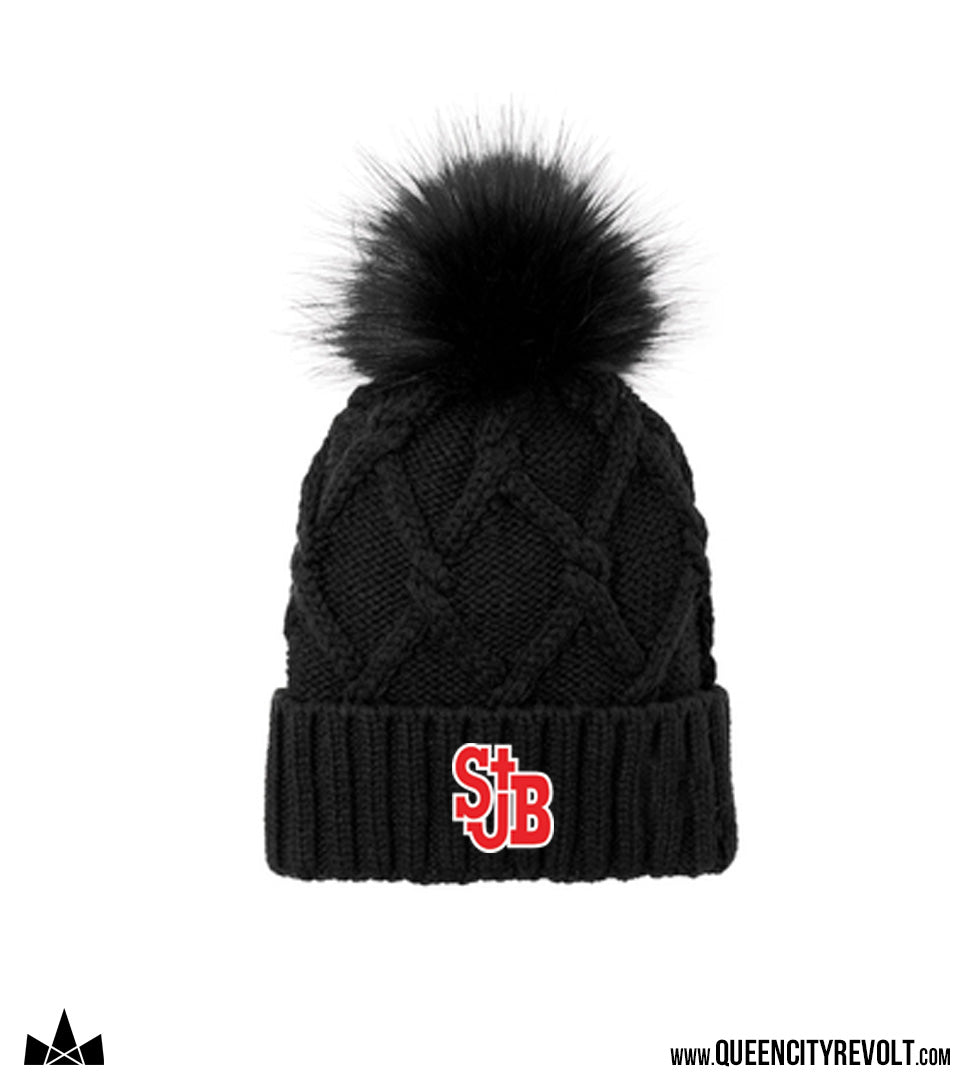 STJB Faux Fur Pom Knit Beanie, Black