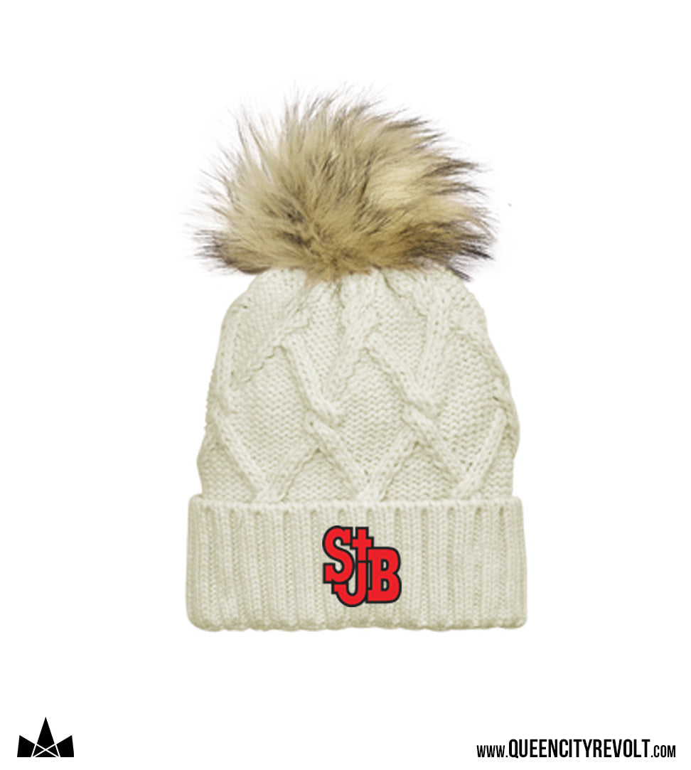 STJB Faux Fur Pom Knit Beanie, Ivory