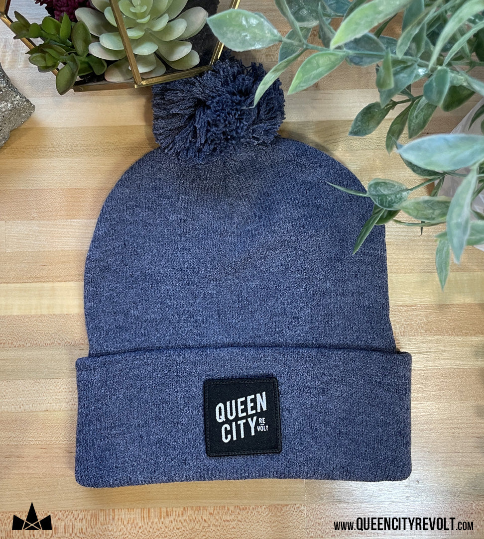 Knit Pom Beanie, Navy/Black Patch