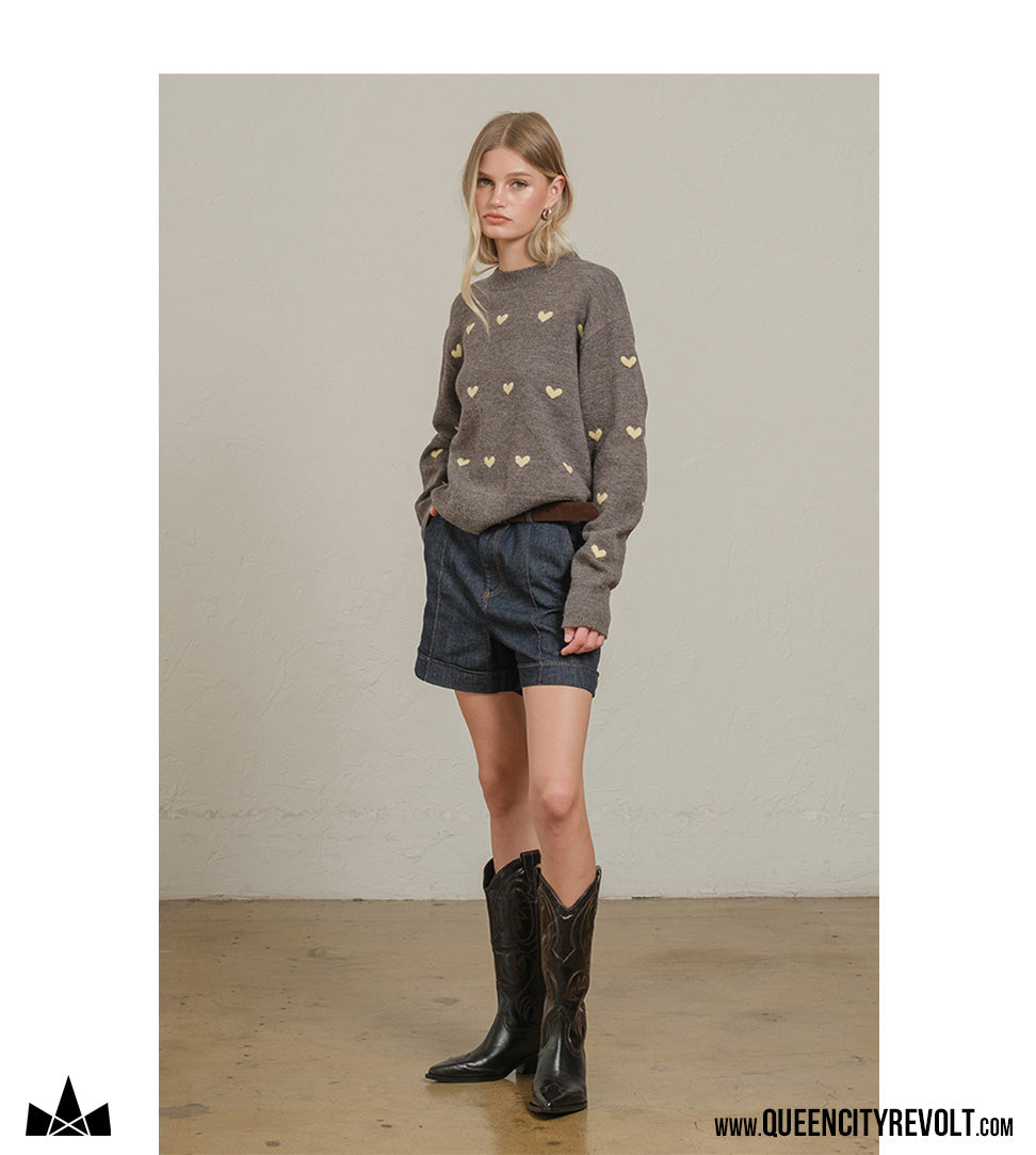 Women's Heart Knit Sweater, Charcoal