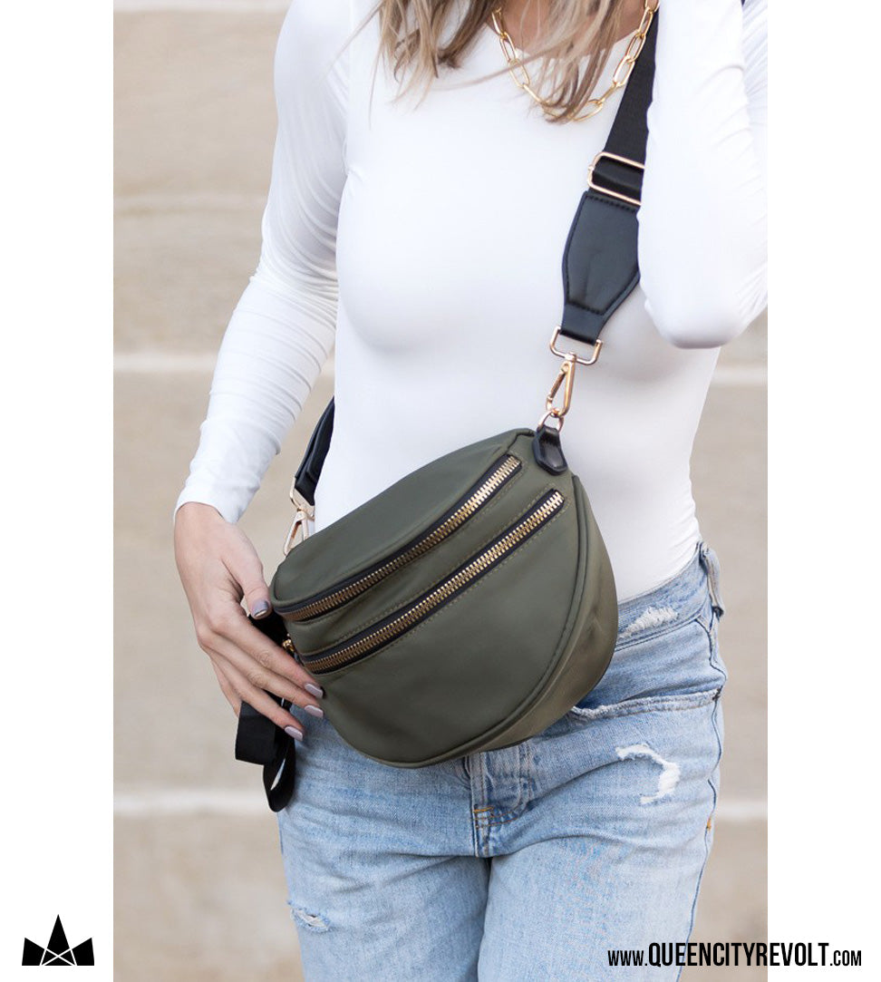 Double Zip Nylon Crescent Sling, Olive