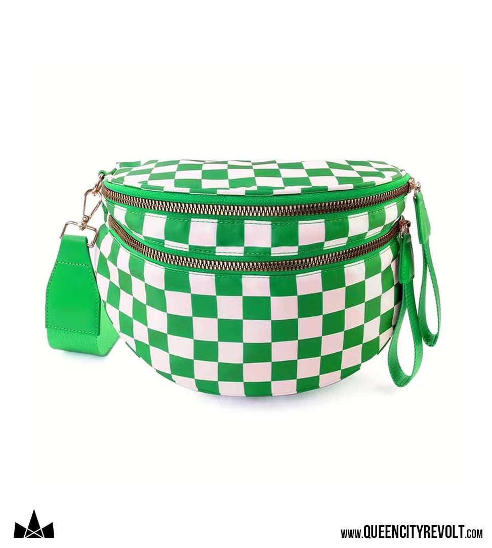 Double Zip Oversized Nylon Crescent Sling, Green Check
