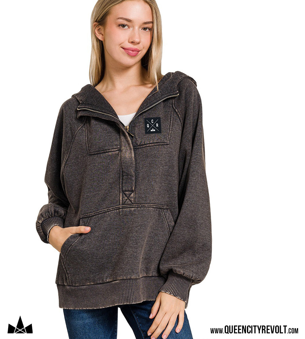 Women's Oversized Acid Washed 1/4 Zip Fleece Hoodie, Black