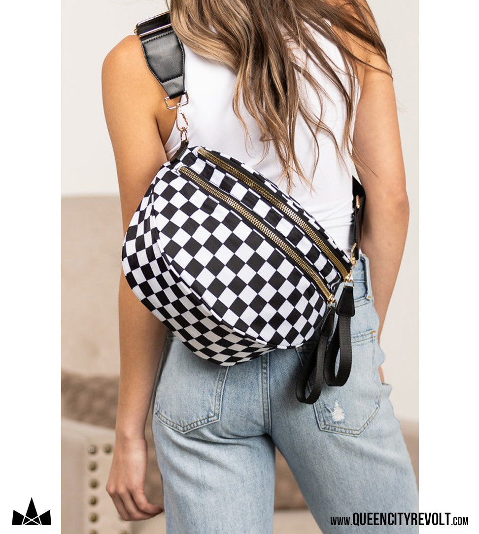 Double Zip Oversized Nylon Crescent Sling, Black Check
