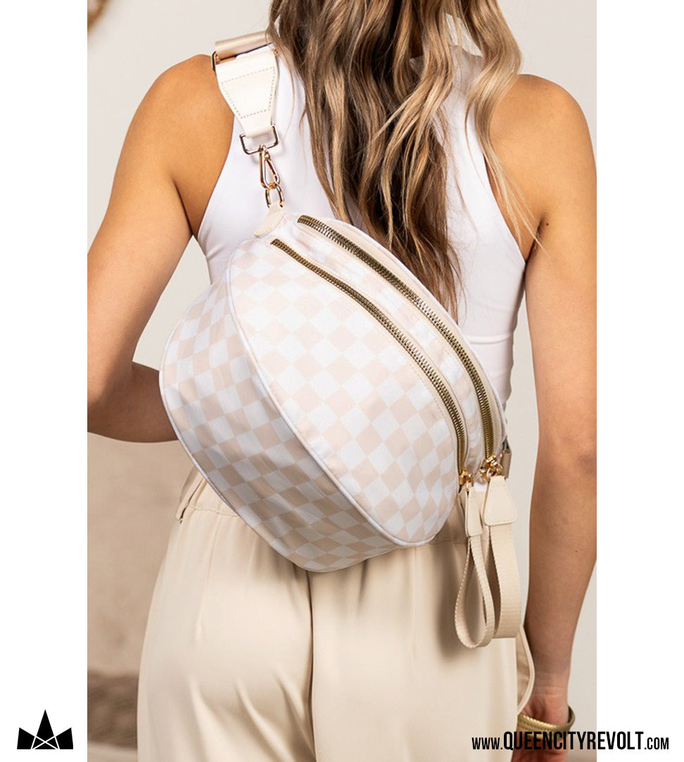 Double Zip Oversized Nylon Crescent Sling, Almond Check