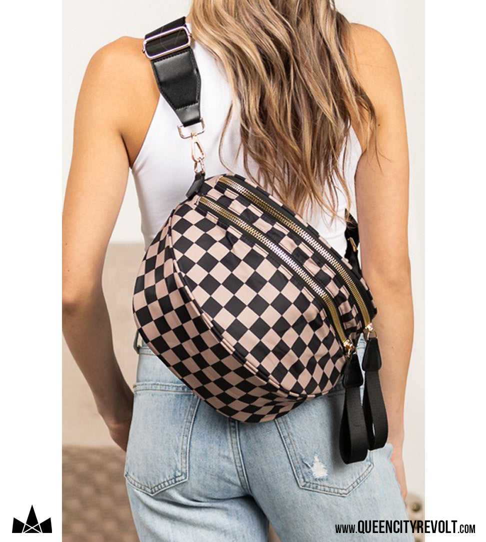 Double Zip Oversized Nylon Crescent Sling, Black/Tan Check