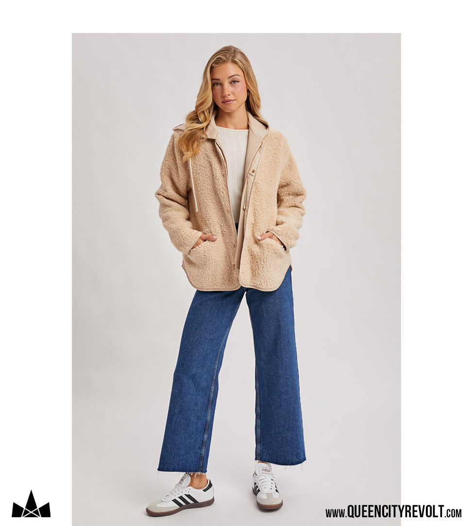 Women's Hooded Button Up Sherpa, Ivory