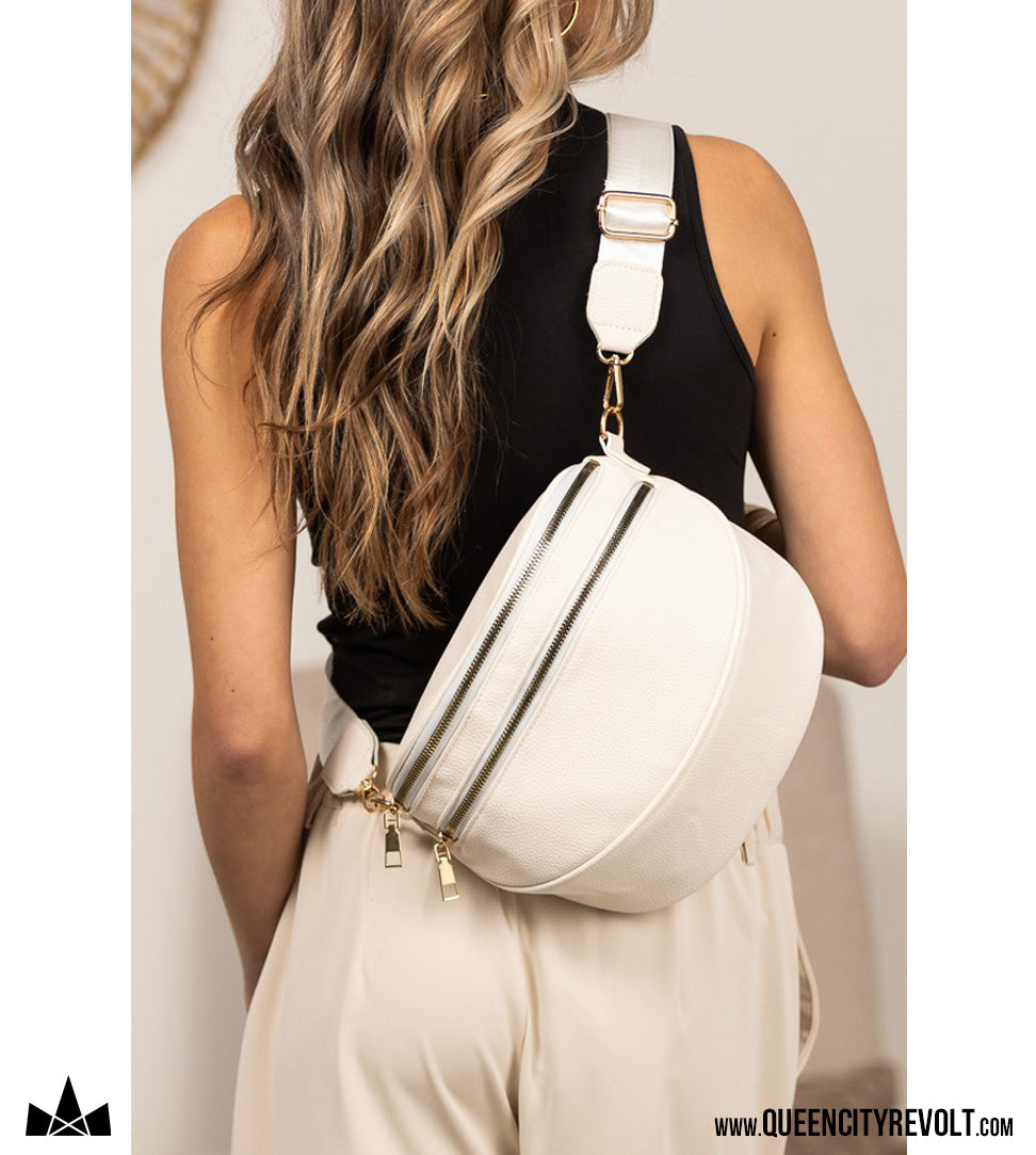 Double Zip Vegan Leather Crescent Sling, Bone