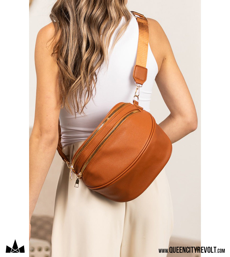 Double Zip Vegan Leather Crescent Sling, Cognac
