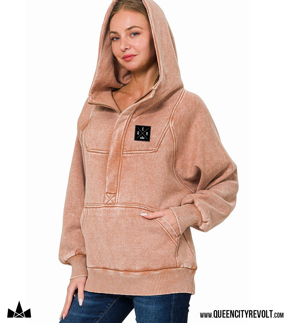 Women's Oversized Acid Washed 1/4 Zip Fleece Hoodie, Rust