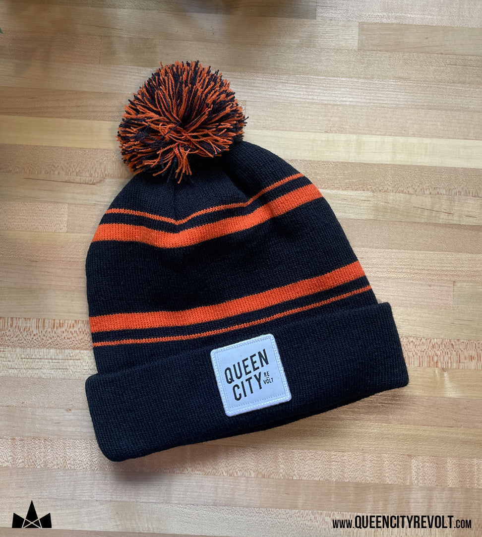 Knit Pom Beanie, Black Orange Stripe/Black Patch