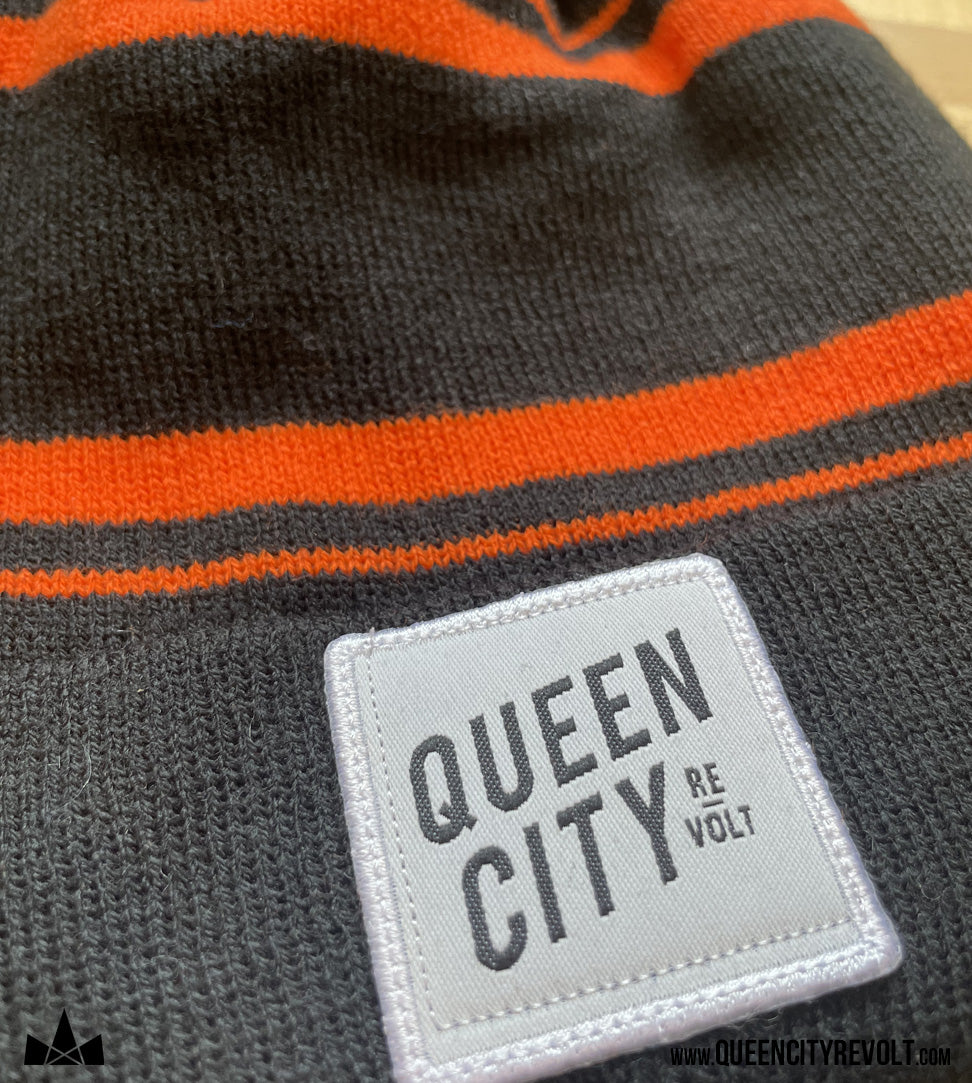 Knit Pom Beanie, Black Orange Stripe/Black Patch