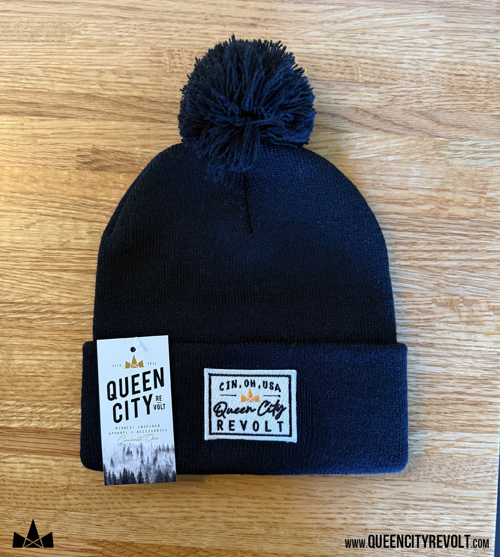 Knit Pom Beanie, Black/White Patch