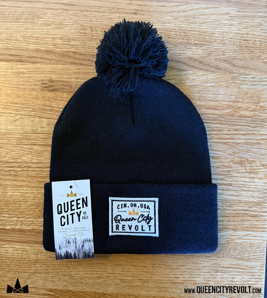 Knit Pom Beanie, Black/White Patch