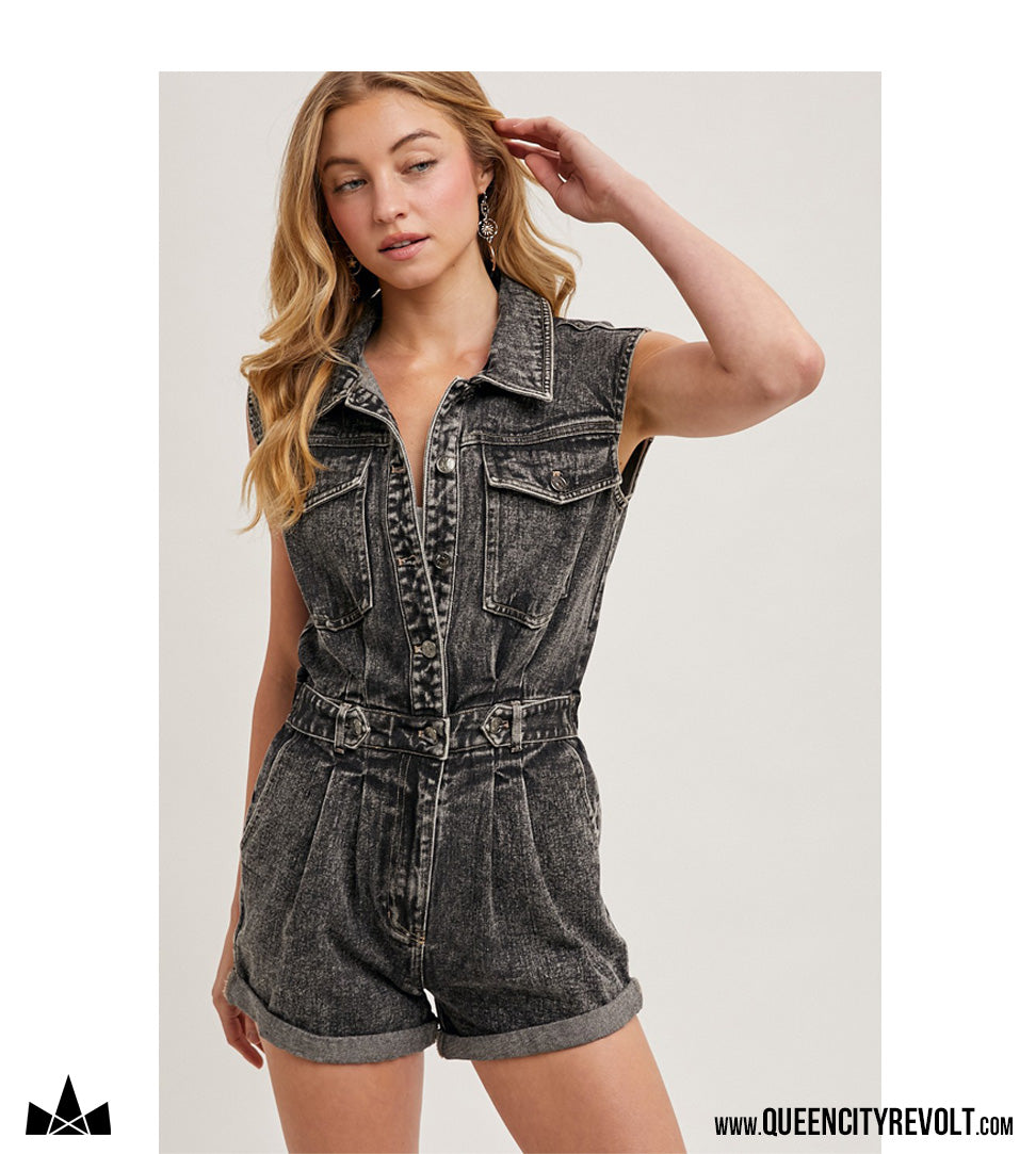 Women's Sleeveless Denim Romper, Black