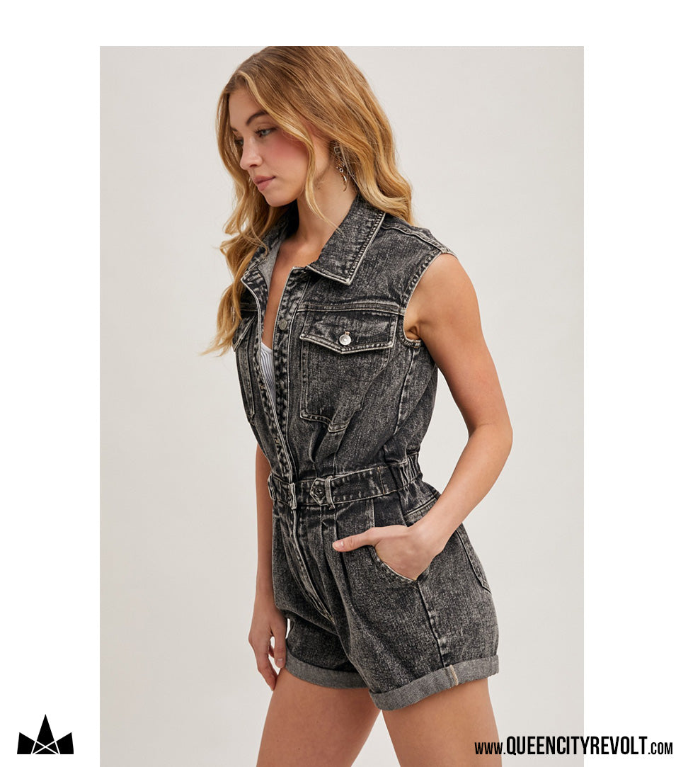Women's Sleeveless Denim Romper, Black