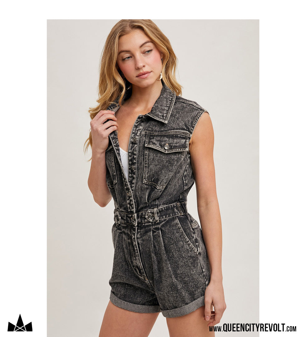 Women's Sleeveless Denim Romper, Black
