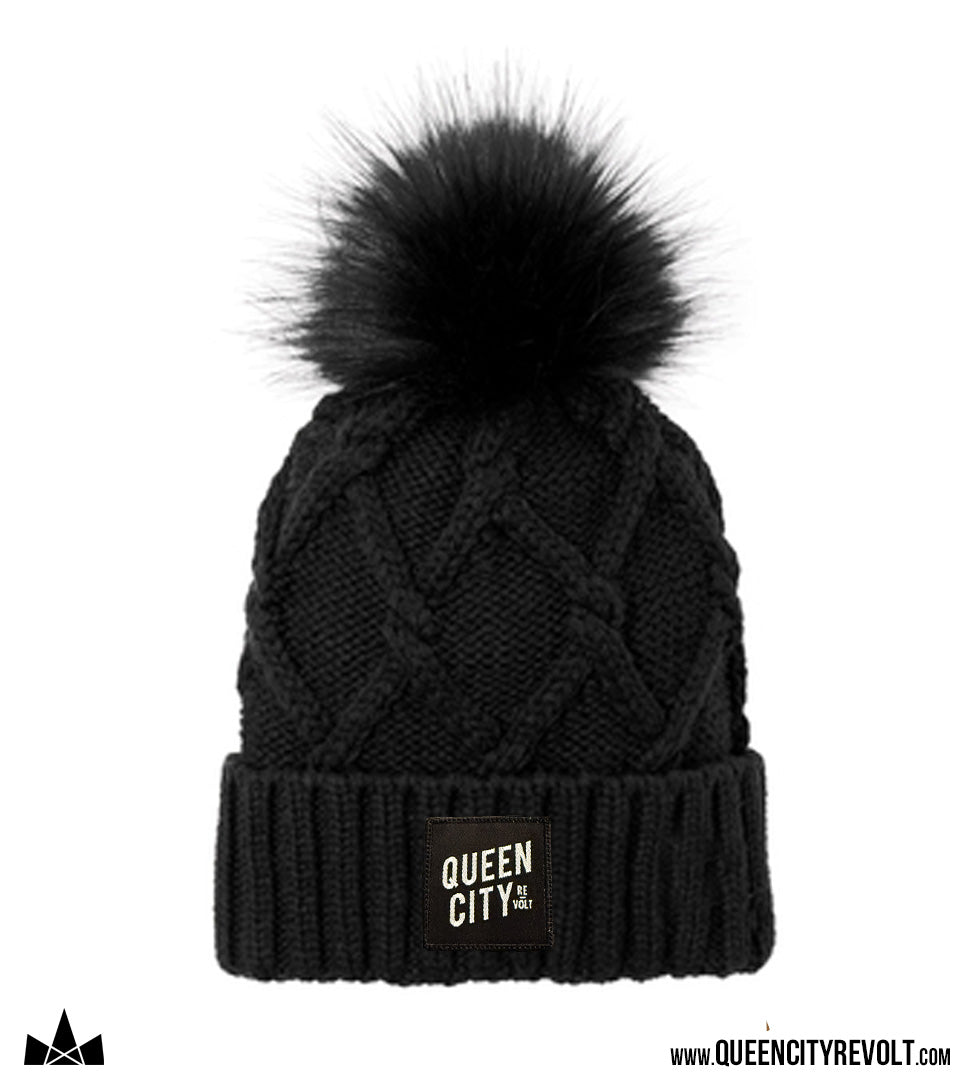 QCR Knit Pom Beanie, Black/Faux Fur