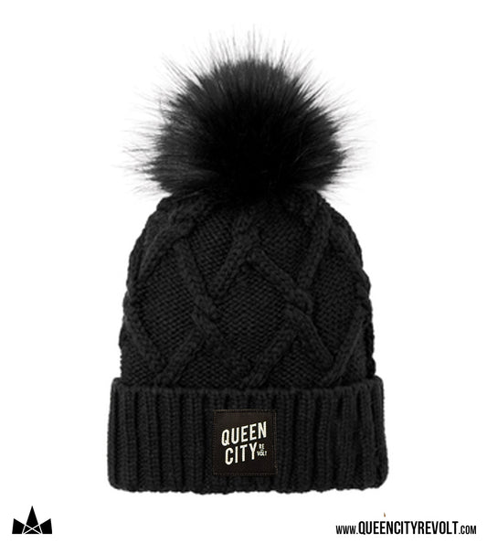 QCR Knit Pom Beanie, Black/Faux Fur