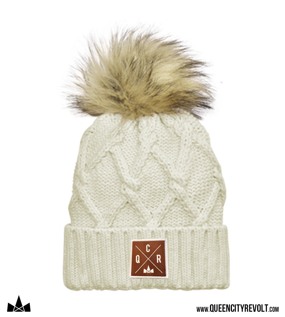 QCR Knit Pom Beanie, Ivory/Faux Fur