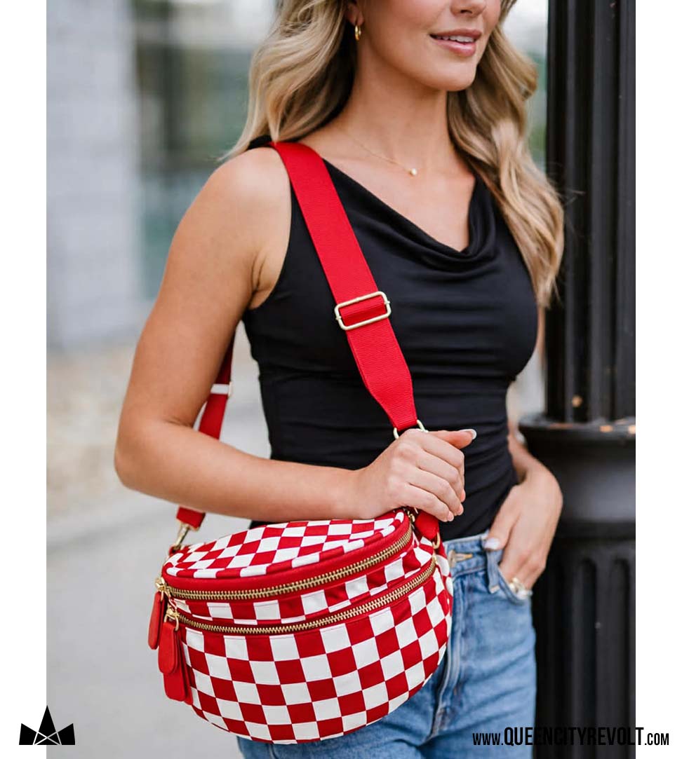 Double Zip Oversized Nylon Crescent Sling, Red Check