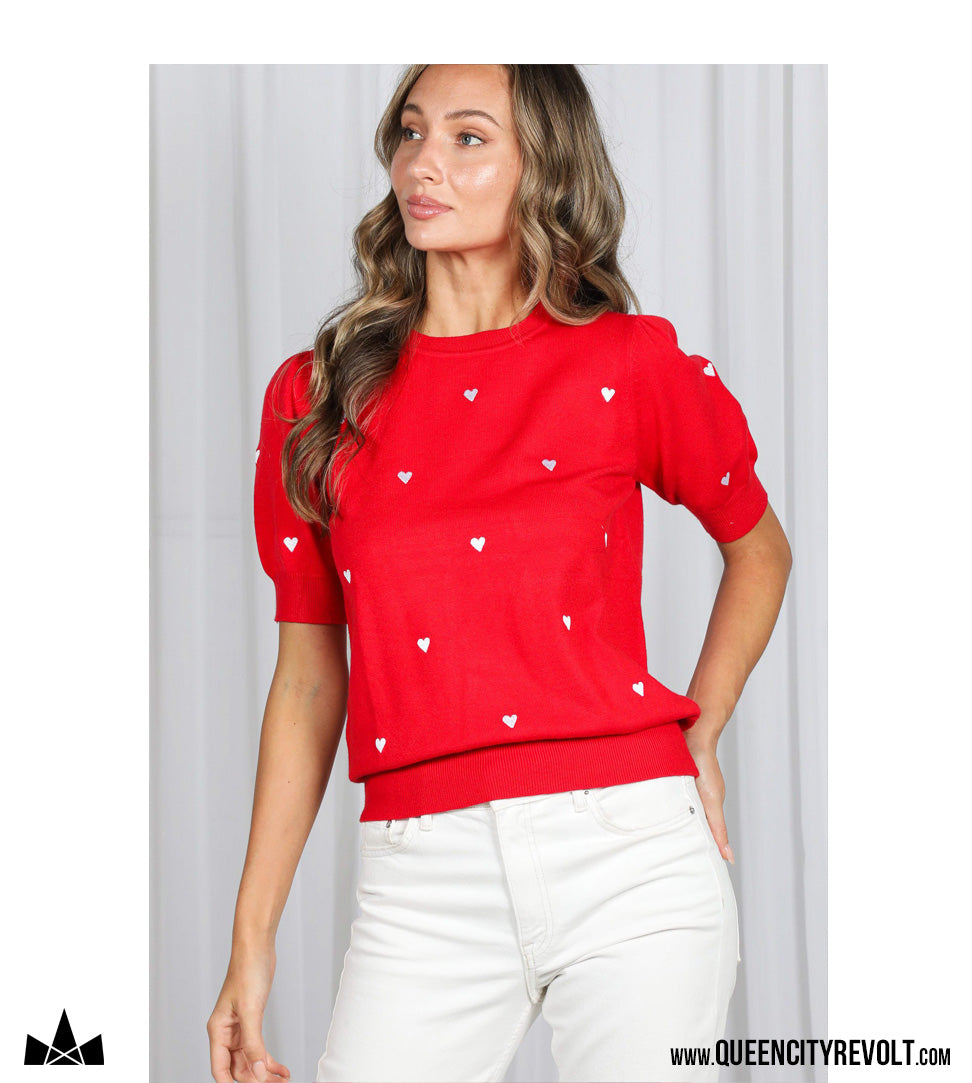 Women's Short Sleeve Heart Sweater, Red