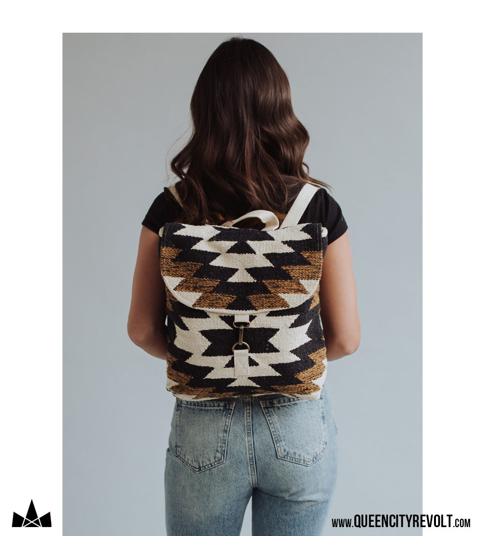 Aztec Backpack Purse, Black/Tan