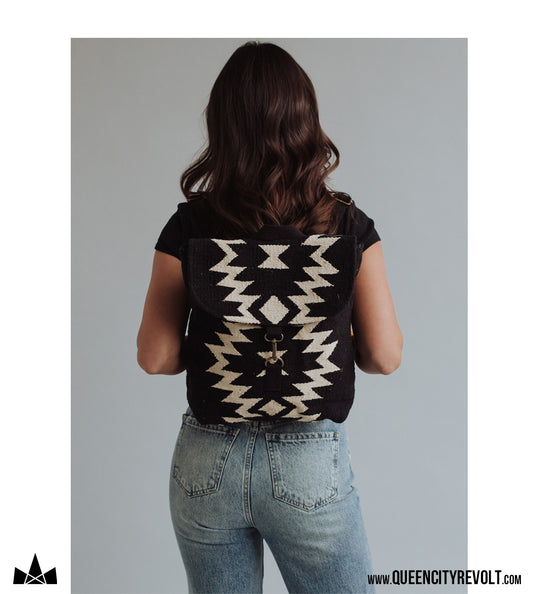 Aztec Backpack Purse, Black/Ivory