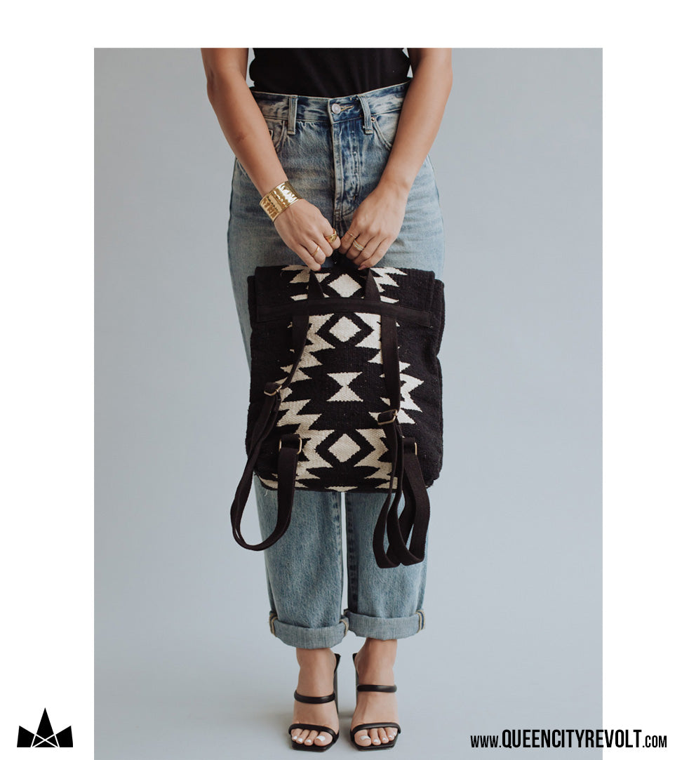 Aztec Backpack Purse, Black/Ivory