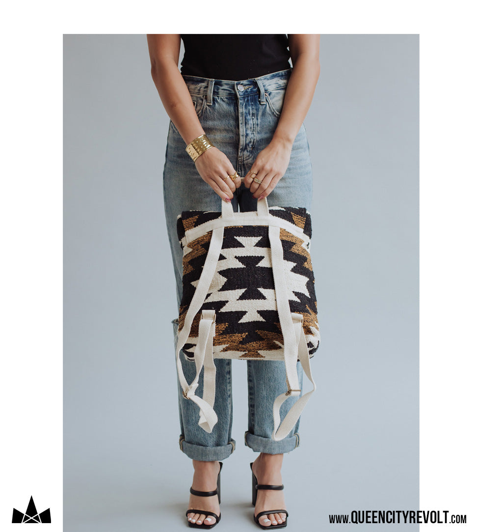 Aztec Backpack Purse, Black/Tan
