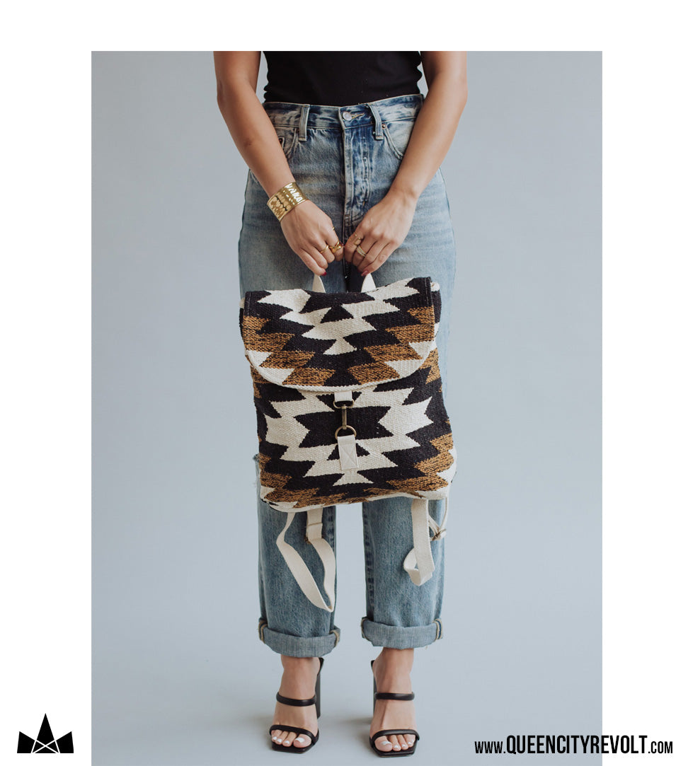 Aztec Backpack Purse, Black/Tan