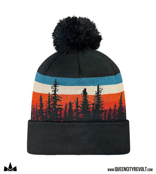 Knit Pom Beanie, Black/Orange/Blue