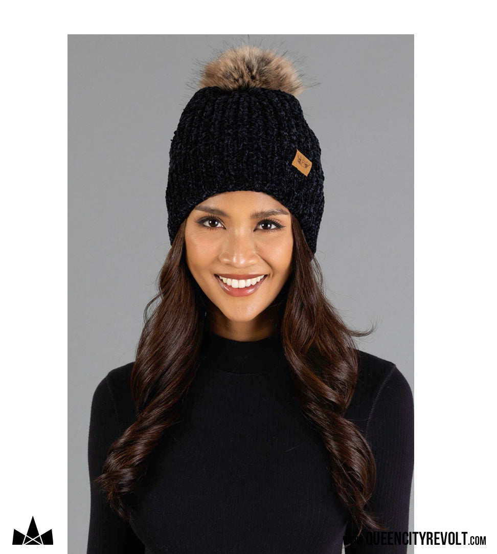 QCR Chenille Beanie, Black/Faux Fur Pom
