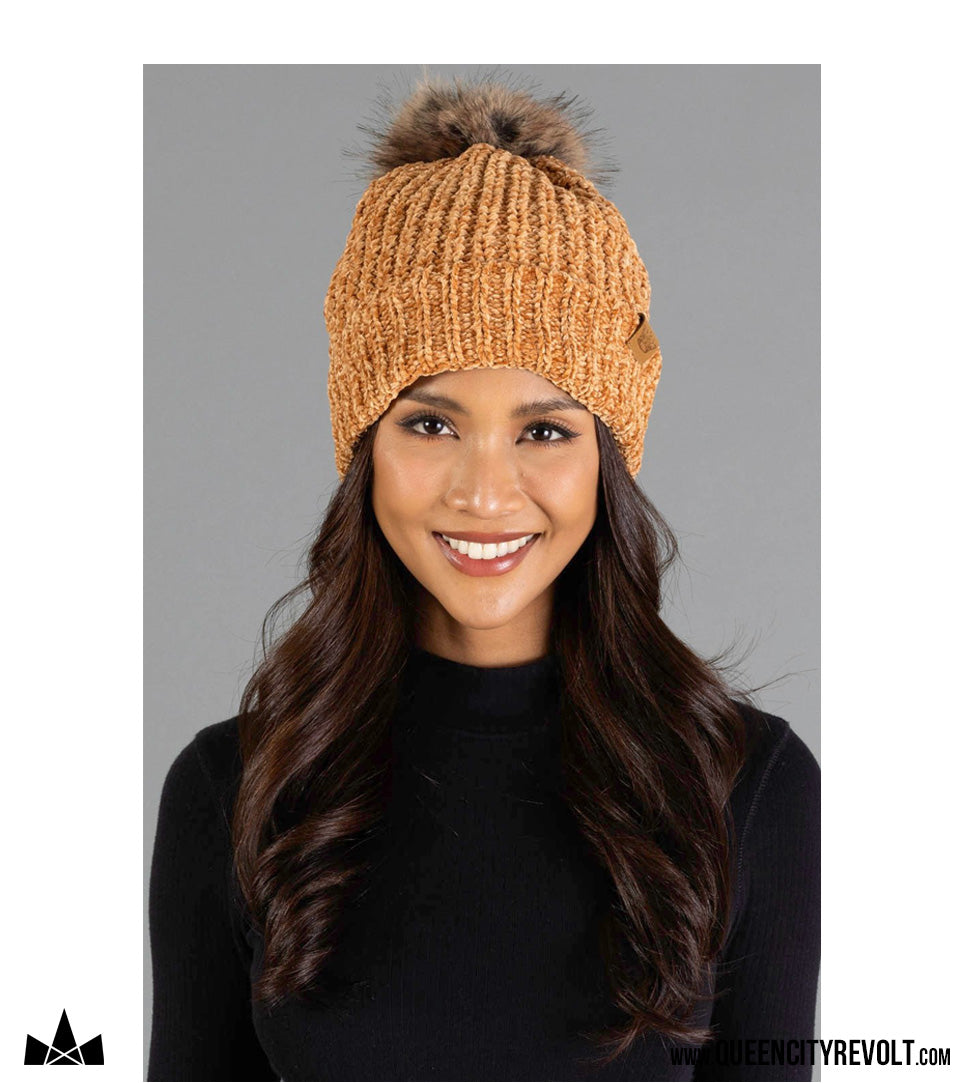 QCR Chenille Beanie, Camel/Faux Fur Pom