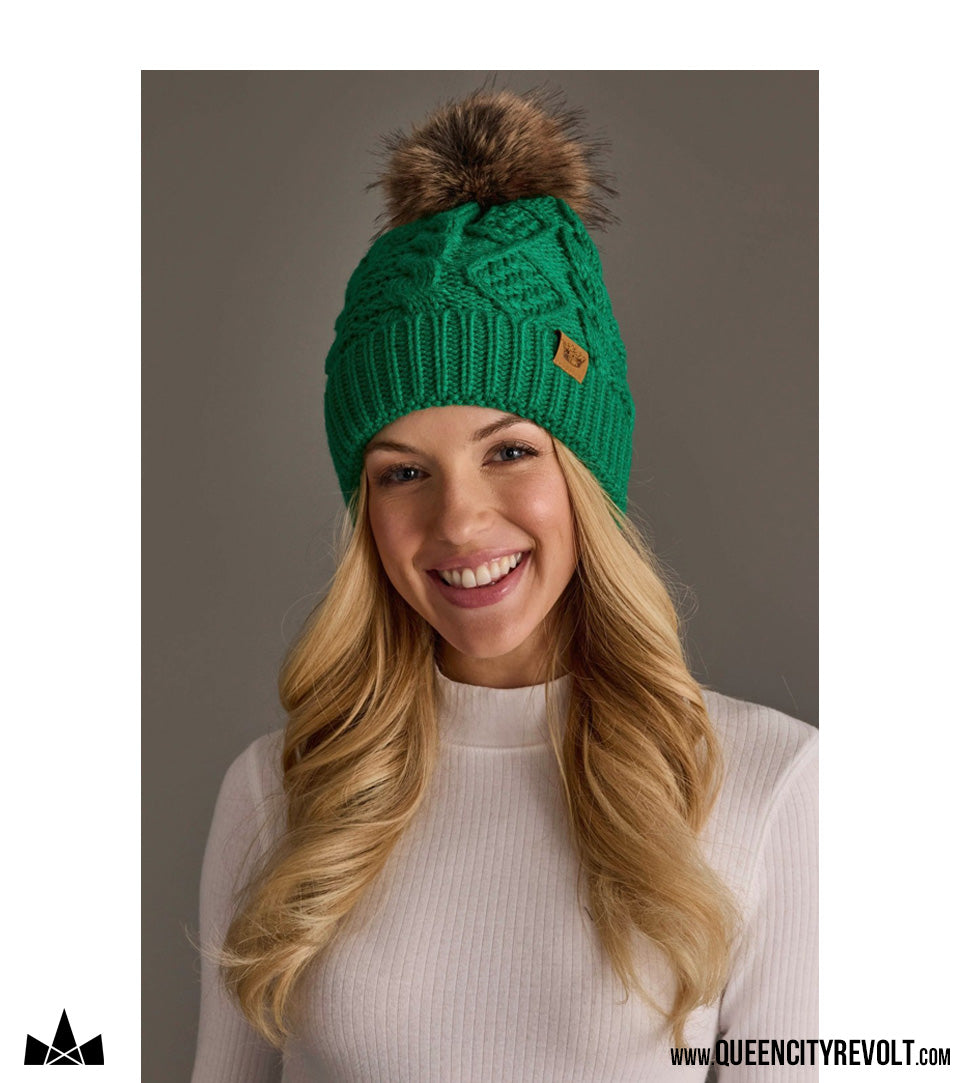 QCR Chenille Beanie, Green/Faux Fur Pom
