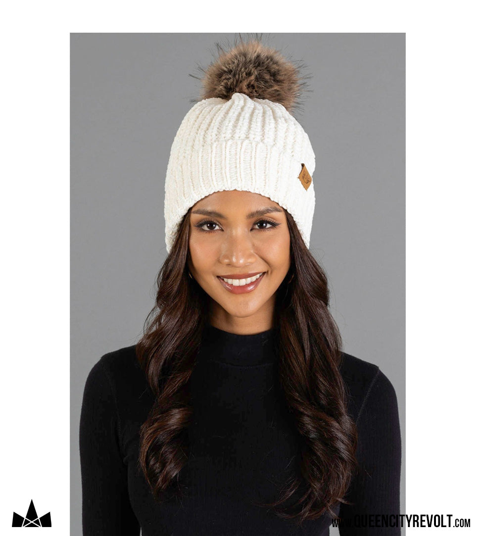 QCR Chenille Beanie, Ivory/Faux Fur Pom