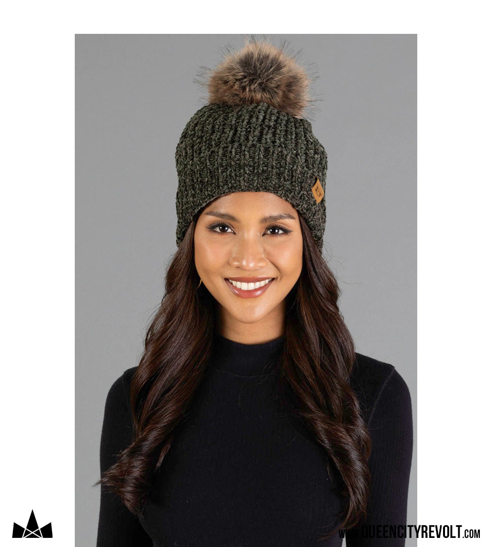 QCR Chenille Beanie, Olive/Faux Fur Pom