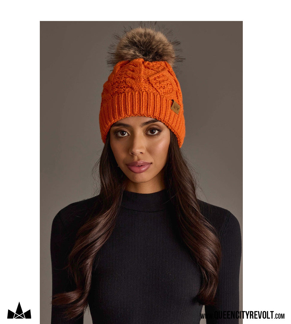 QCR Chenille Beanie, Orange/Faux Fur Pom