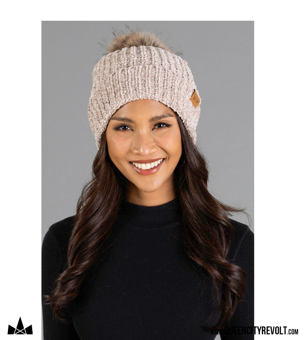 QCR Chenille Beanie, Taupe/Faux Fur Pom