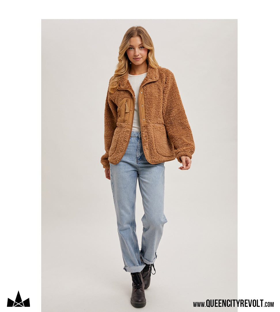 Women's Button Up Sherpa, Camel