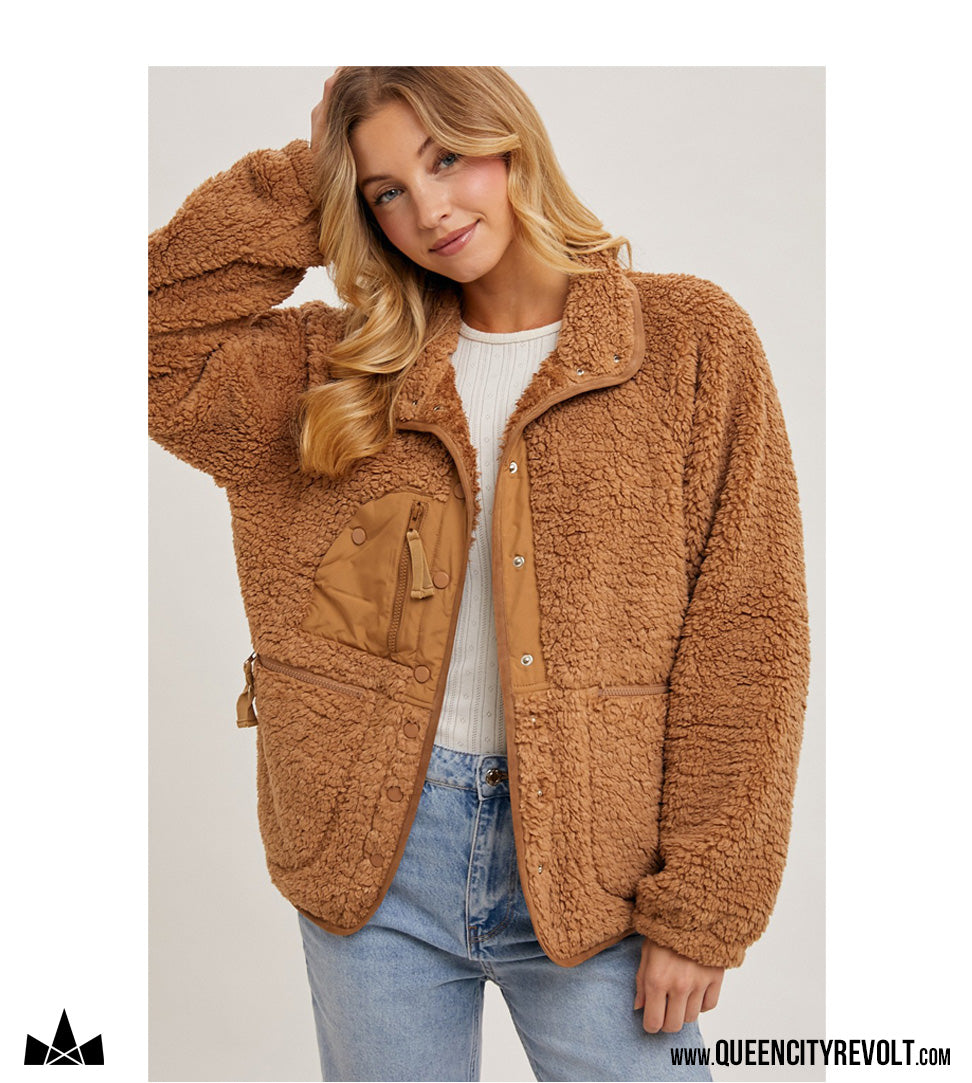 Women's Button Up Sherpa, Camel