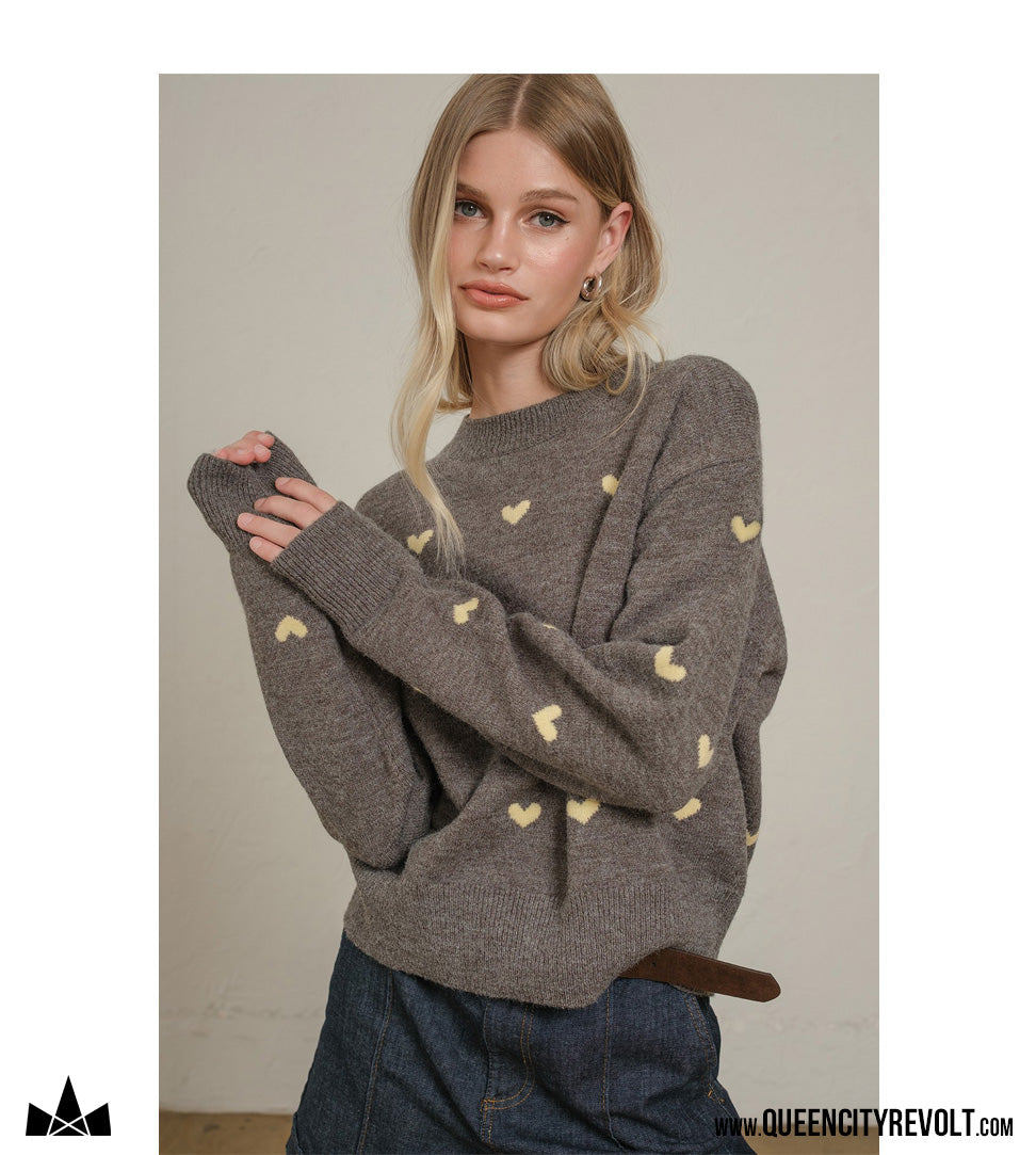 Women's Heart Knit Sweater, Charcoal