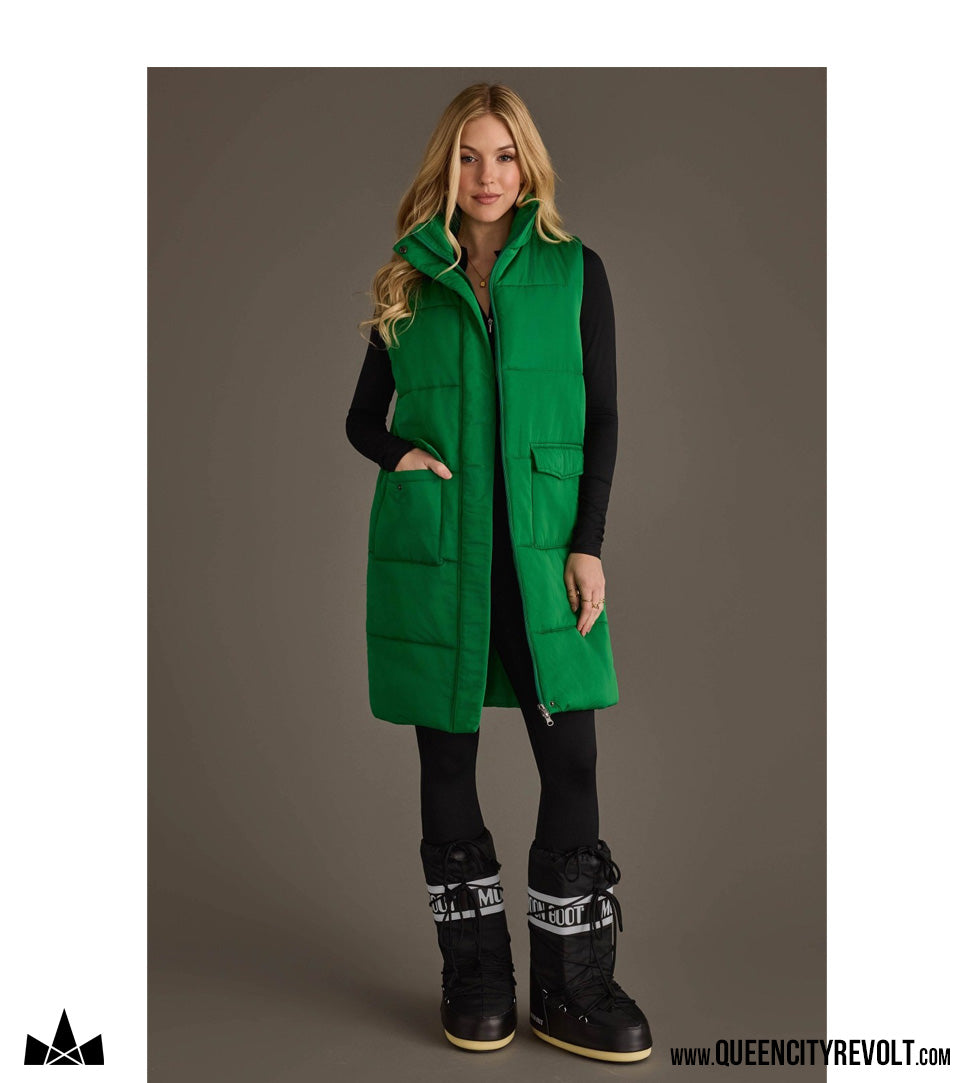 Women's Long Puffer Vest, Green