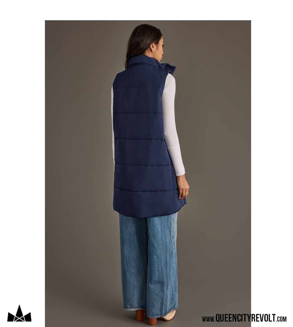 Women's Long Puffer Vest, Navy