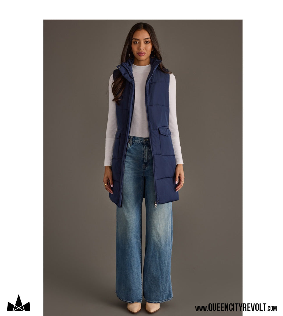 Women's Long Puffer Vest, Navy