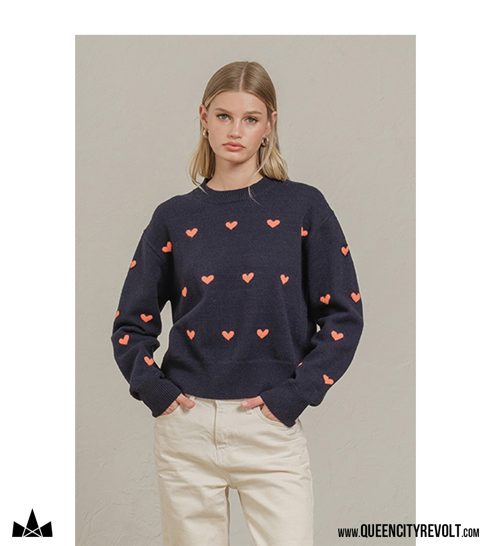 SALE! Women's Heart Knit Sweater, Navy